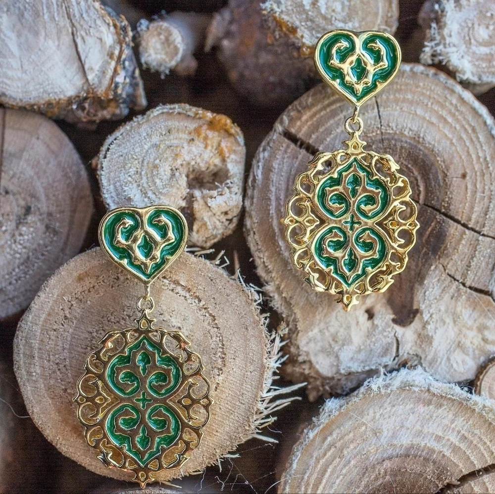Stainless Steel Gold & Green Drop Earrings